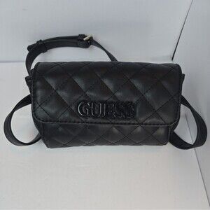GUESS Black Quilted Crossbody Bag Women Adjustable Strap Flap Purse